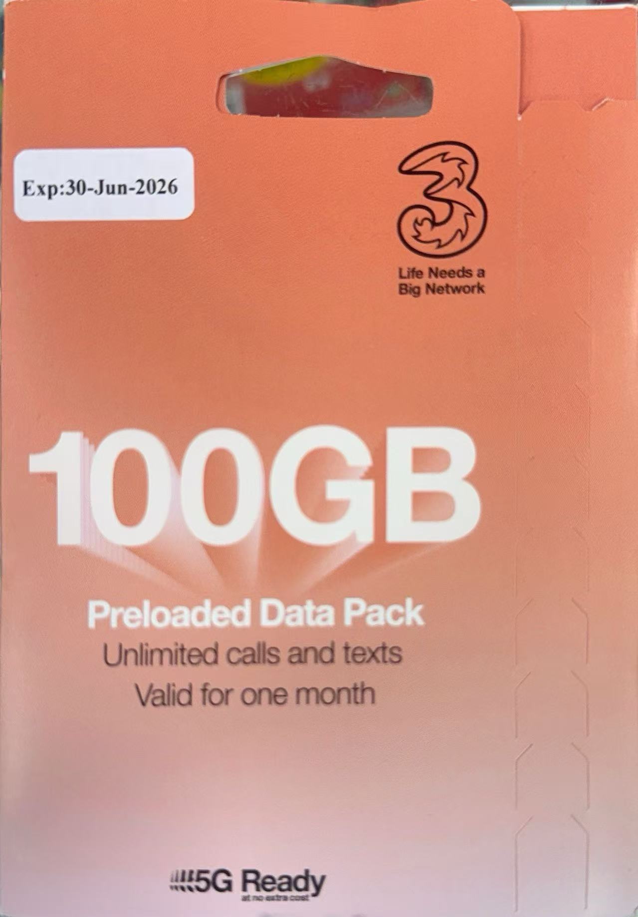 3 (UK) - 英國及歐洲71+國 數據上網5G/4G卡 30日100GB + 通話