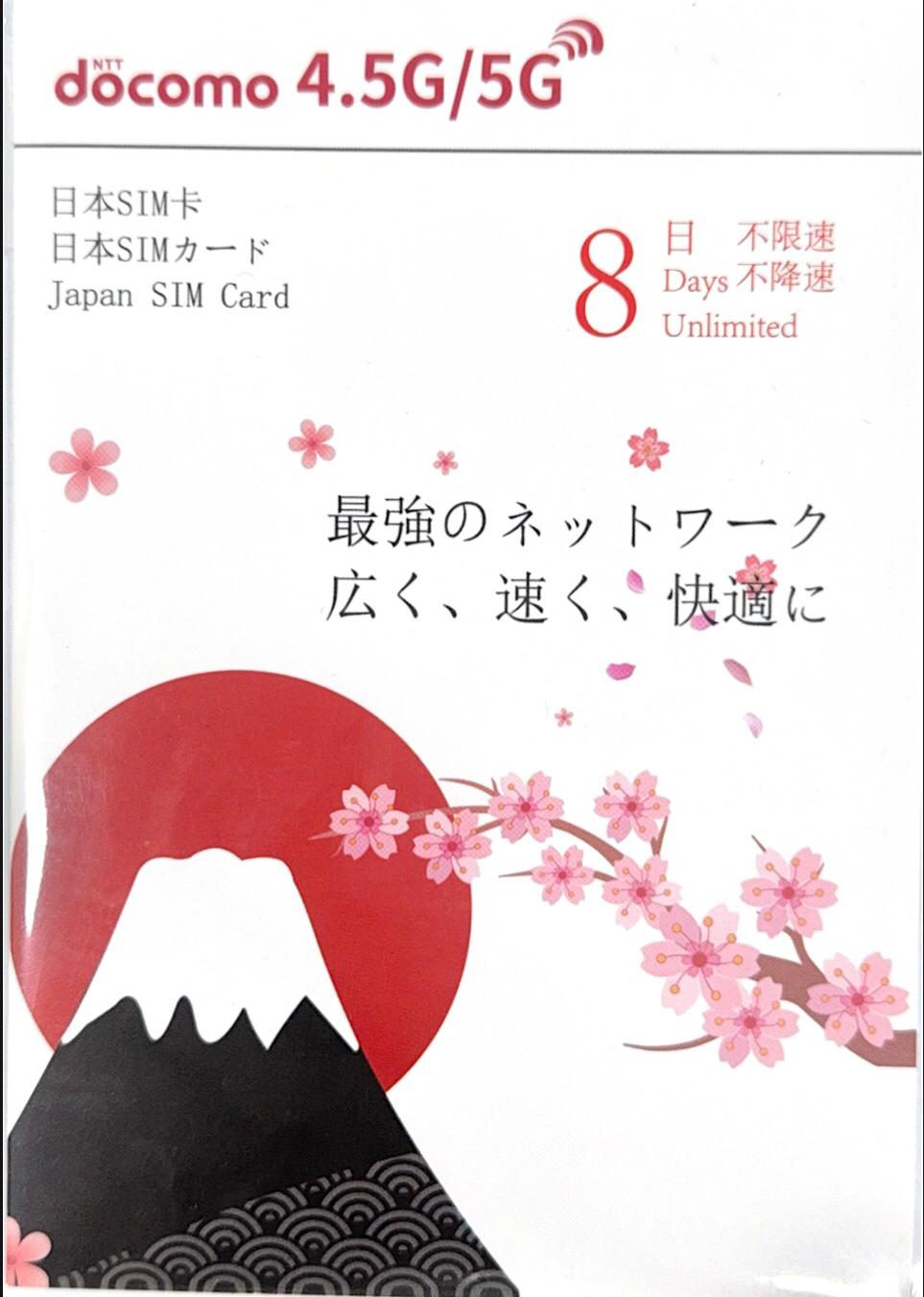 NTT docomo日本 數據上網4.5/5G卡8日無限上網