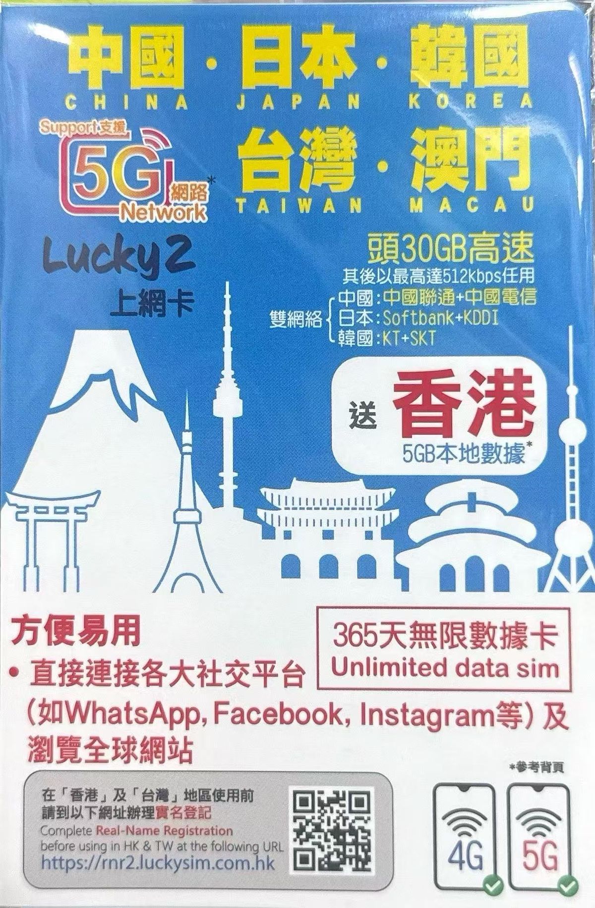 Lucky - 日本/韓國/台灣/中國內地/大陸/ 澳門數據上網5G/4G年卡 30GB 送香港5GB