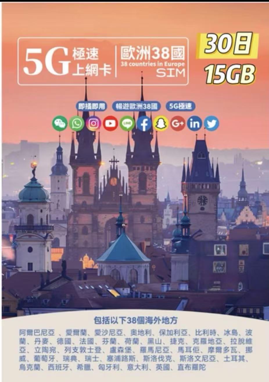 GlocalMe - 歐洲38國通用數據上網5G/4G卡 30日 15GB