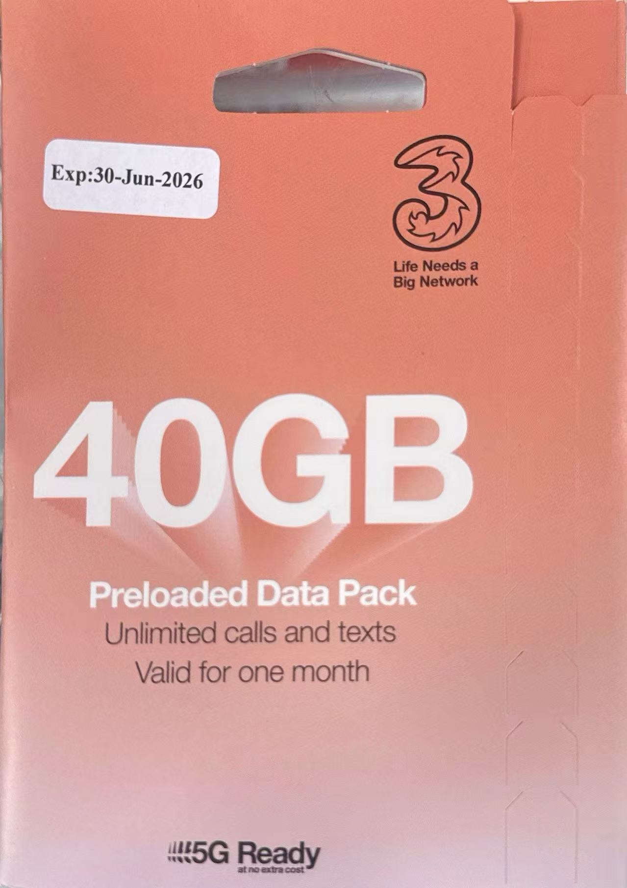 3 (UK) - 英國及歐洲71+國 數據上網5G/4G卡 30日40GB + 通話