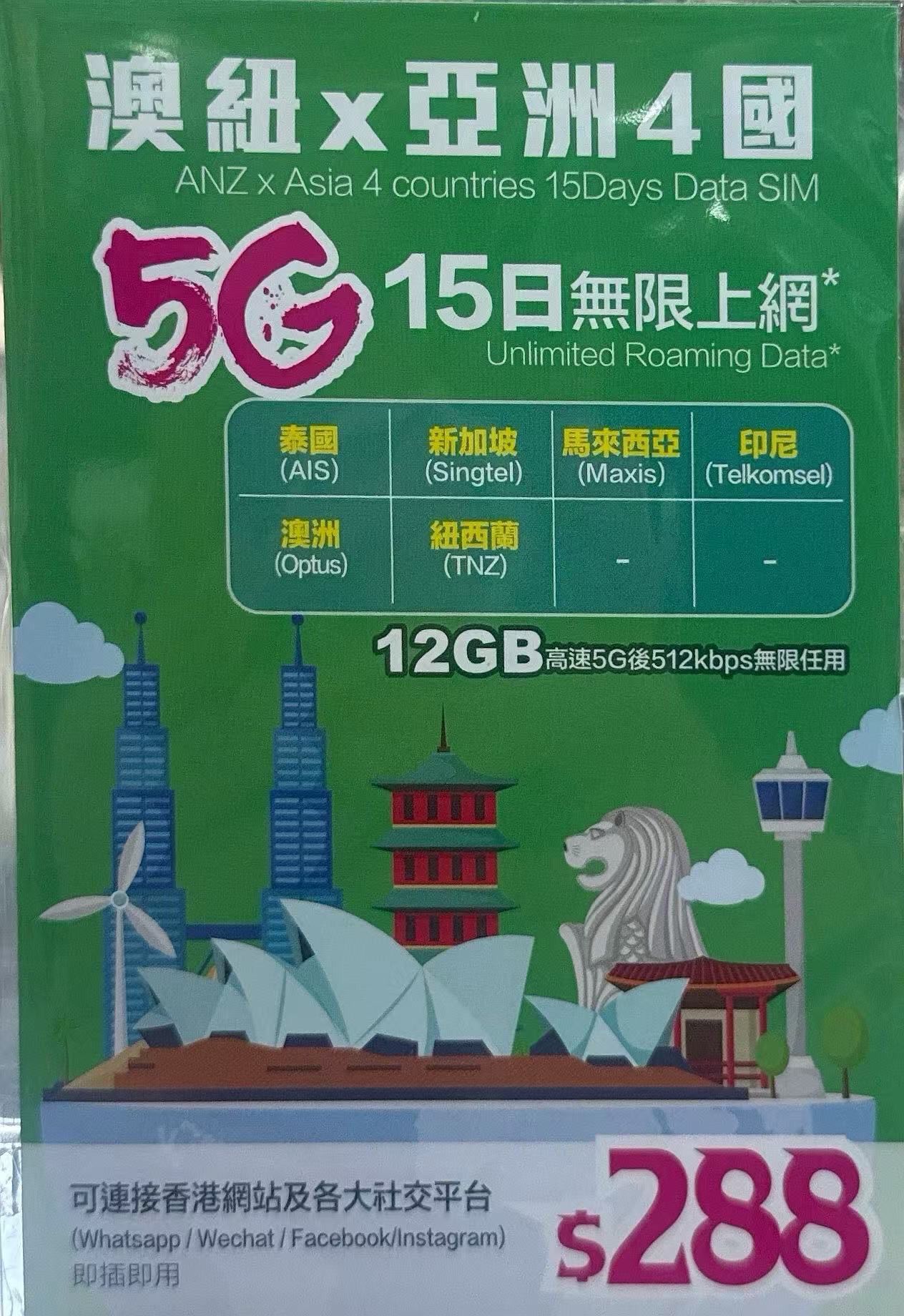 Lucky Sim 亞洲 澳洲 紐西蘭數據上網5G卡 15日6國共用12GB