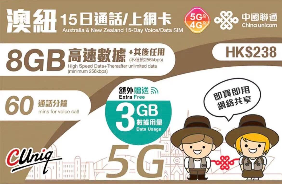 中國聯通 - 澳洲及紐西蘭數據上網5G/4G卡 15日 11GB+通話
