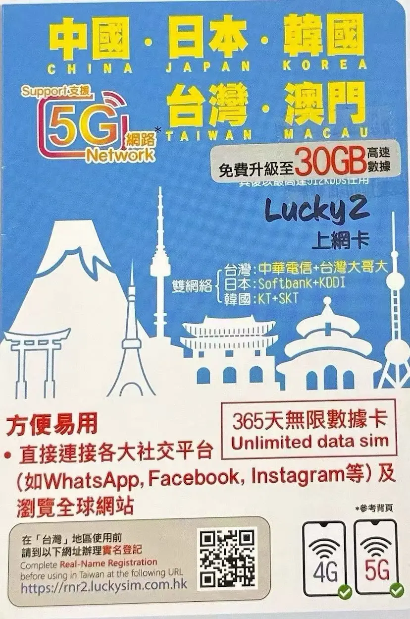 香港lucky sim上网卡中國 澳門 台灣 日本 韓國 無限上網年卡（海外SIM黑卡专卖）