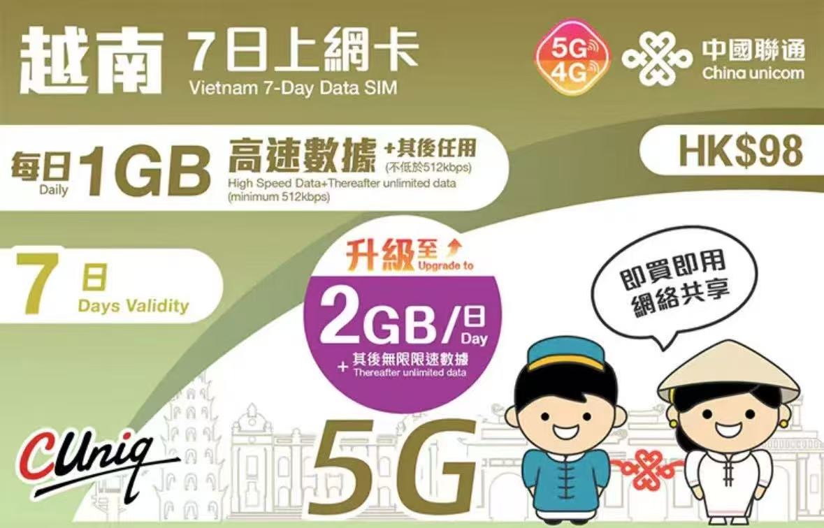 中國聯通 - 越南數據上網5G/4G卡 7日 每日1GB之後限速