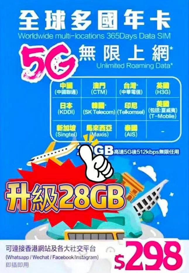 Lucky -亞洲 美國 英國年卡數據上網5G年卡 11國共用 28GB