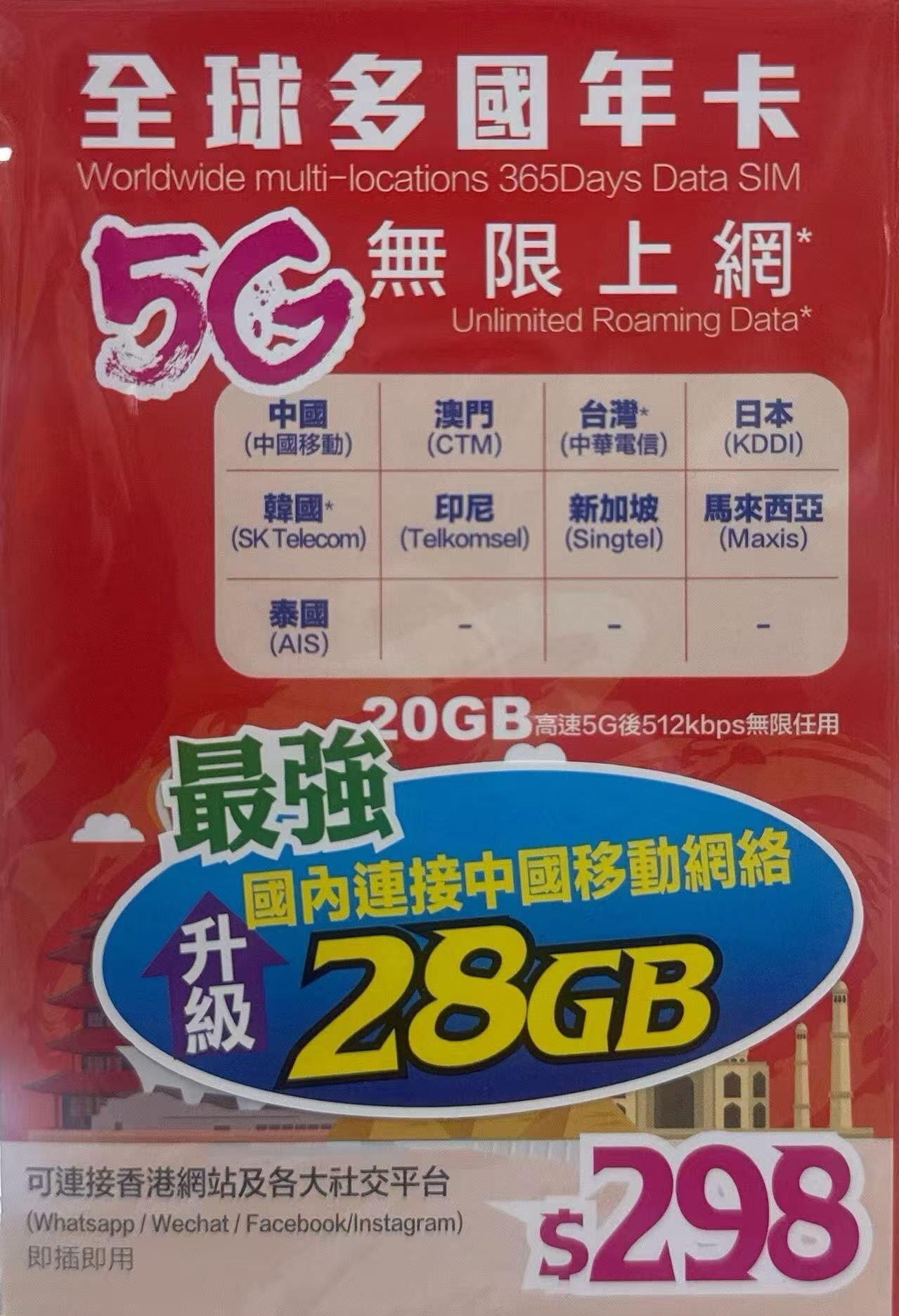 Lucky - 亞洲 日本 韓國 泰國數據上網5G年卡 9國共用 20GB
