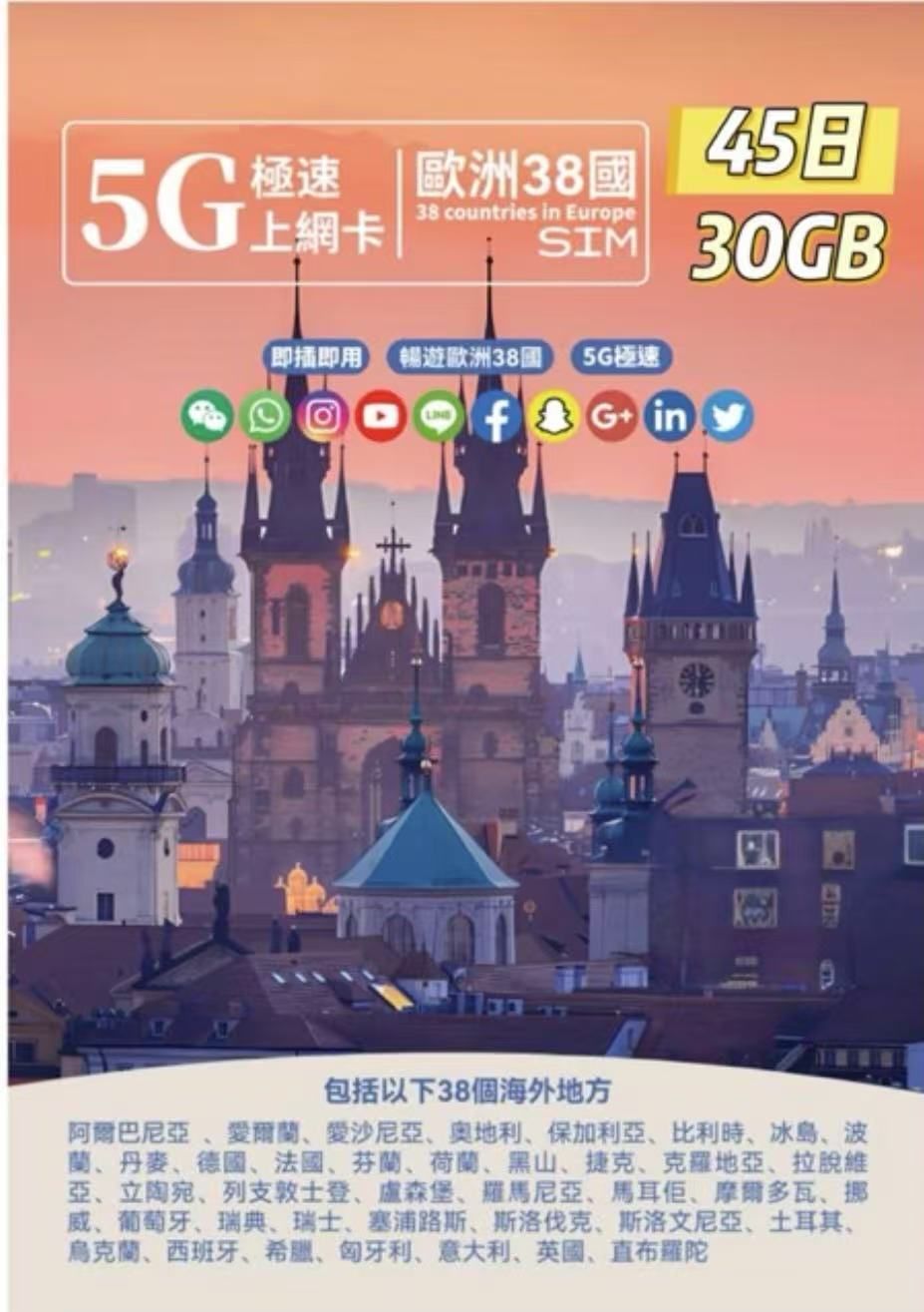 GlocalMe - 歐洲38國通用數據上網5G/4G卡 45日 30GB