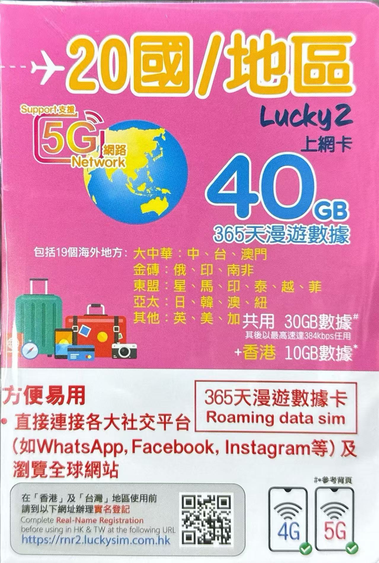 Lucky Sim-20國/地區加拿大 美国數據上網5G年卡 20國共用40GB 香港10GB